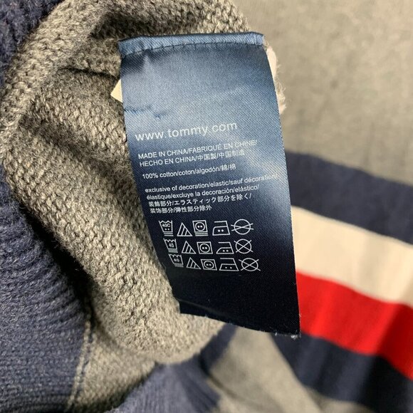 Tommy Hilfiger Men Sweater Large Gray Striped 1/4 Zip Long Sleeve Red White Blue - Picture 8 of 8